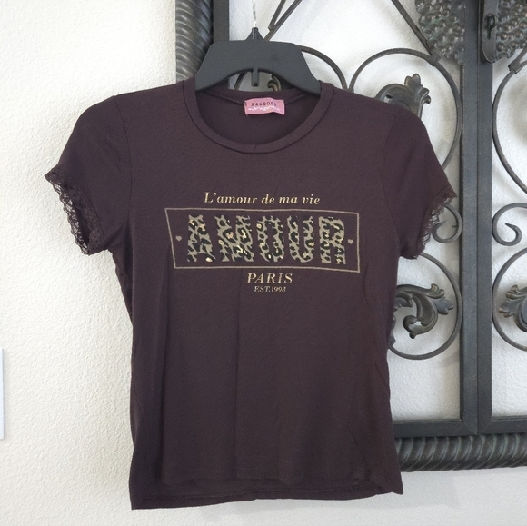 Ragdoll Tops - Ragdoll Y2K Chocolate Brown Graphic Tee with Lace Sleeves